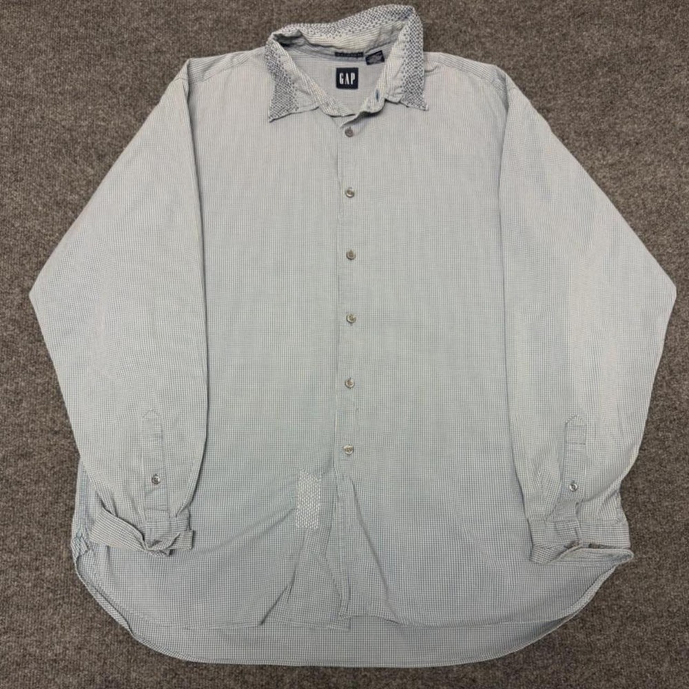 Gap Mens Y2K Sashiko Embroidery Button Up Shirt XL Blue Grey Micro Check Stretch